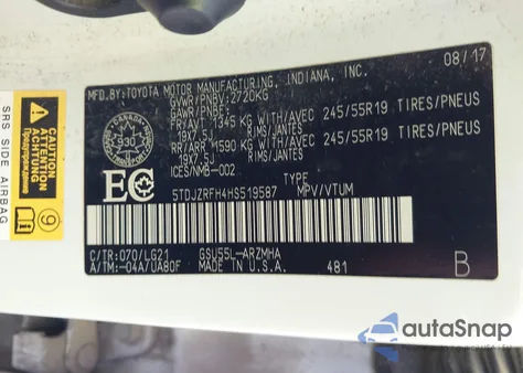 2017 Toyota Highlander Xle z USA, uszkodzony, nr VIN 5TDJZRFH4HS519587